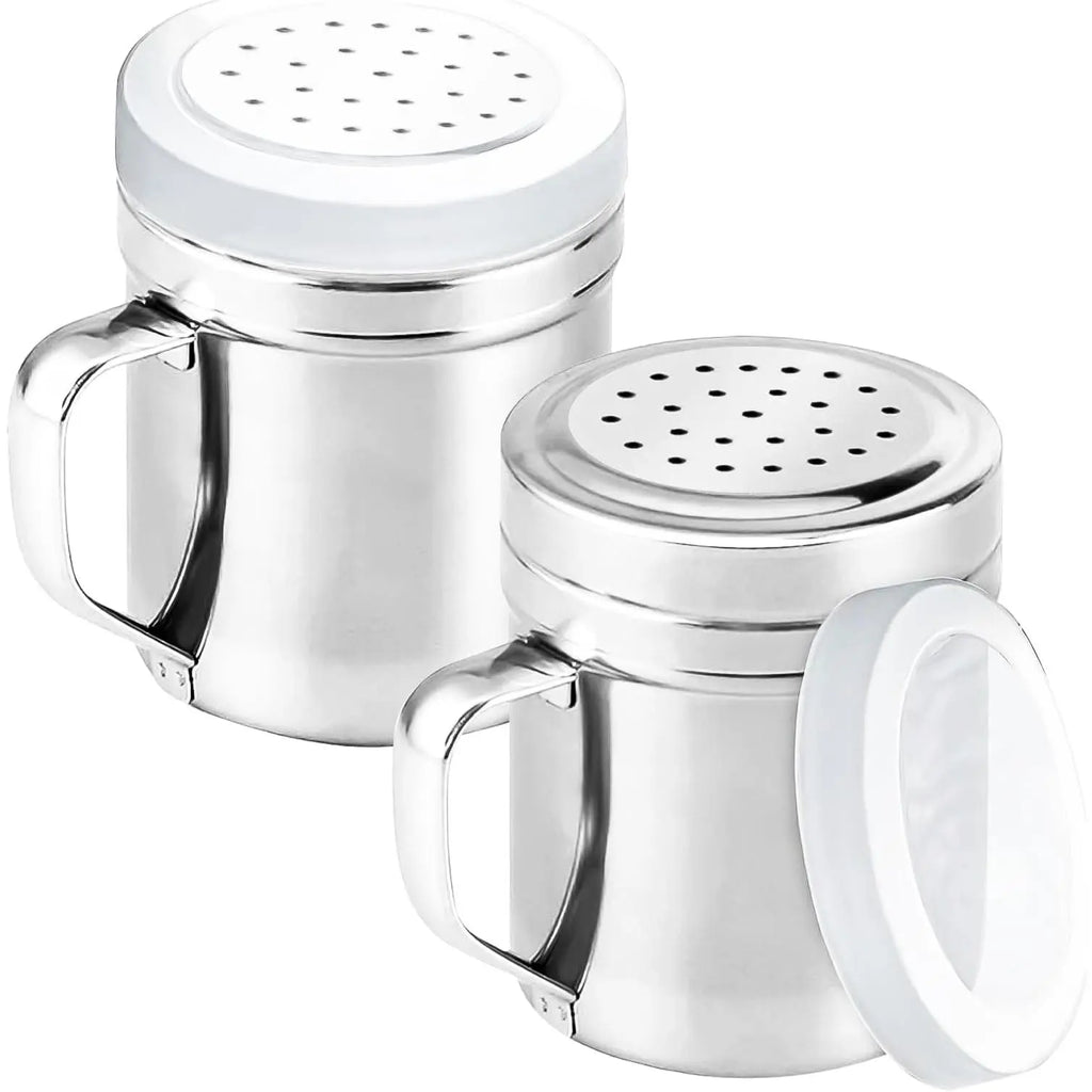 2 Count Metal Salt Pepper Dredge Shakers, Stainless Steel Pepper Shaker Seasoning Jar with Handle, with Hole and Cover, Suitable for Pepper, Cinnamon and Coffee Jars (Small-6Oz)