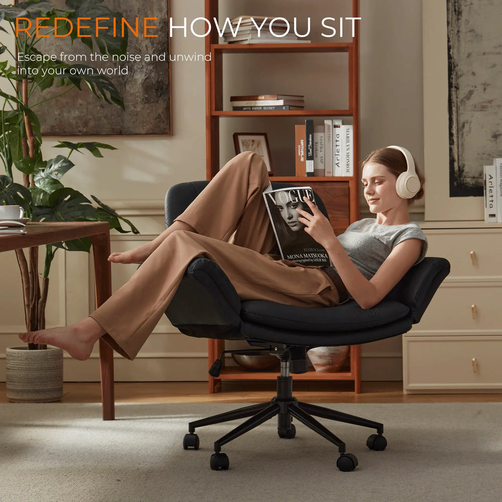 Summervibes Dowinx Criss Cross Chair with Five-Level Adjustable Arms and Wheels - Comfortable Ergonomic PU Leather Swivel Vanity Chair - Computer Makeup Gaming Chair for Home Office, Bedroom, Living Room