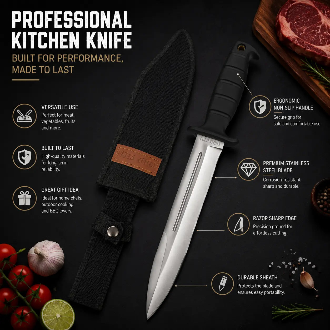 Household Utility Kitchen Knife with Protective Nylon Sheath, Non‑Slip Handle, 2 Color Choice