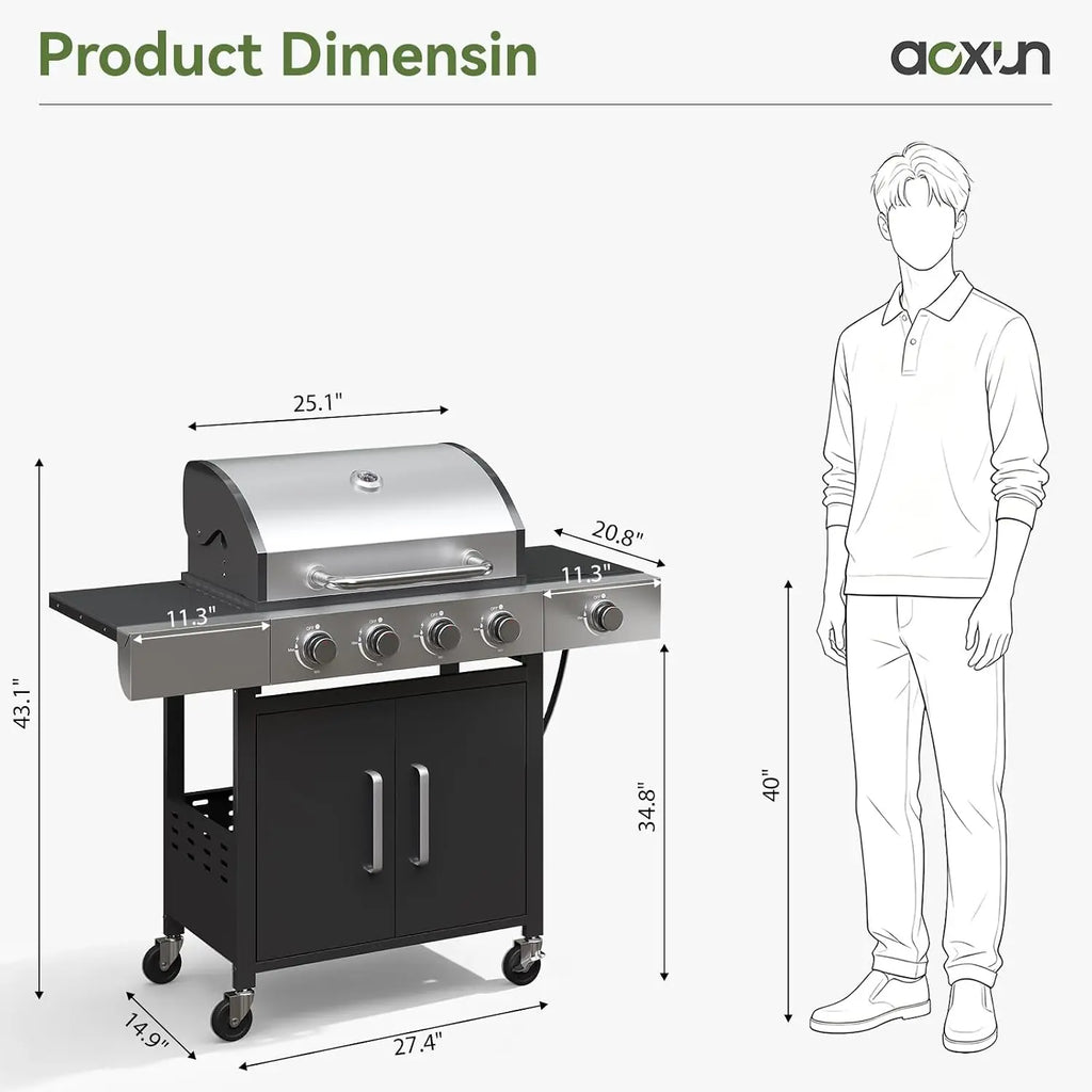 Aoxun 4-Burner 49000 BTU Propane Grill with Side Burner, Black & Silvery | Stainless Steel Gas Grill, Heavy-Duty Cooking Grates & Side Tables for Backyard Patio Camping