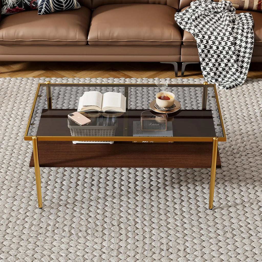 Modern Glass Coffee Table 38.39"L ×24.21"W ×17.72"H, Rectangular Tea Table with Metal Frame & Open Storage Shelf, Home Furniture for Living Room Apartment