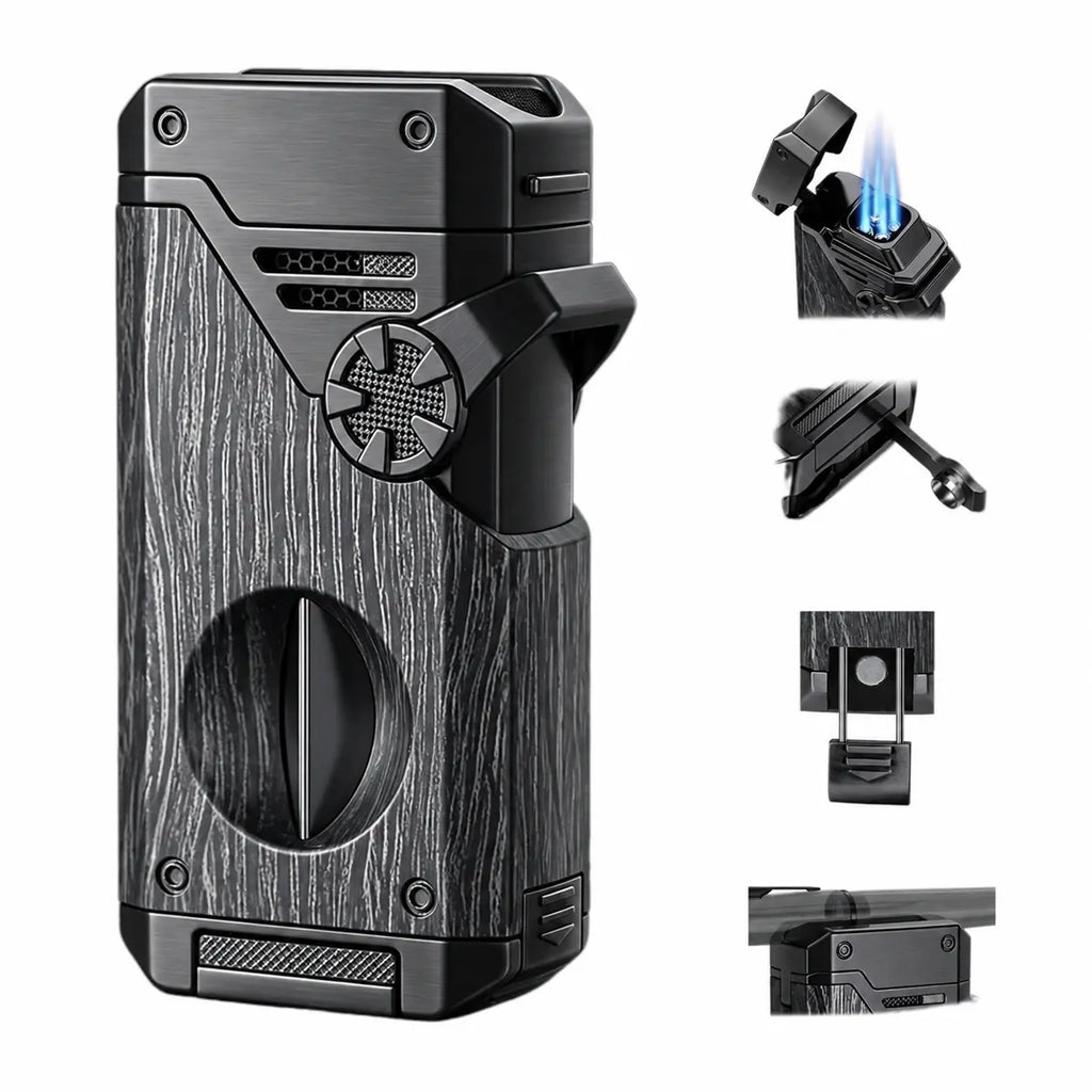 (Gas Not Included) 5-In-1 Quad Flame Butane Lighter, Windproof Refillable Lighter with Adjustable Flame, EDC Tool for Outdoor & Daily Use, Great Gift for Men, Dad, Boyfriend, Business, Gift Box Included