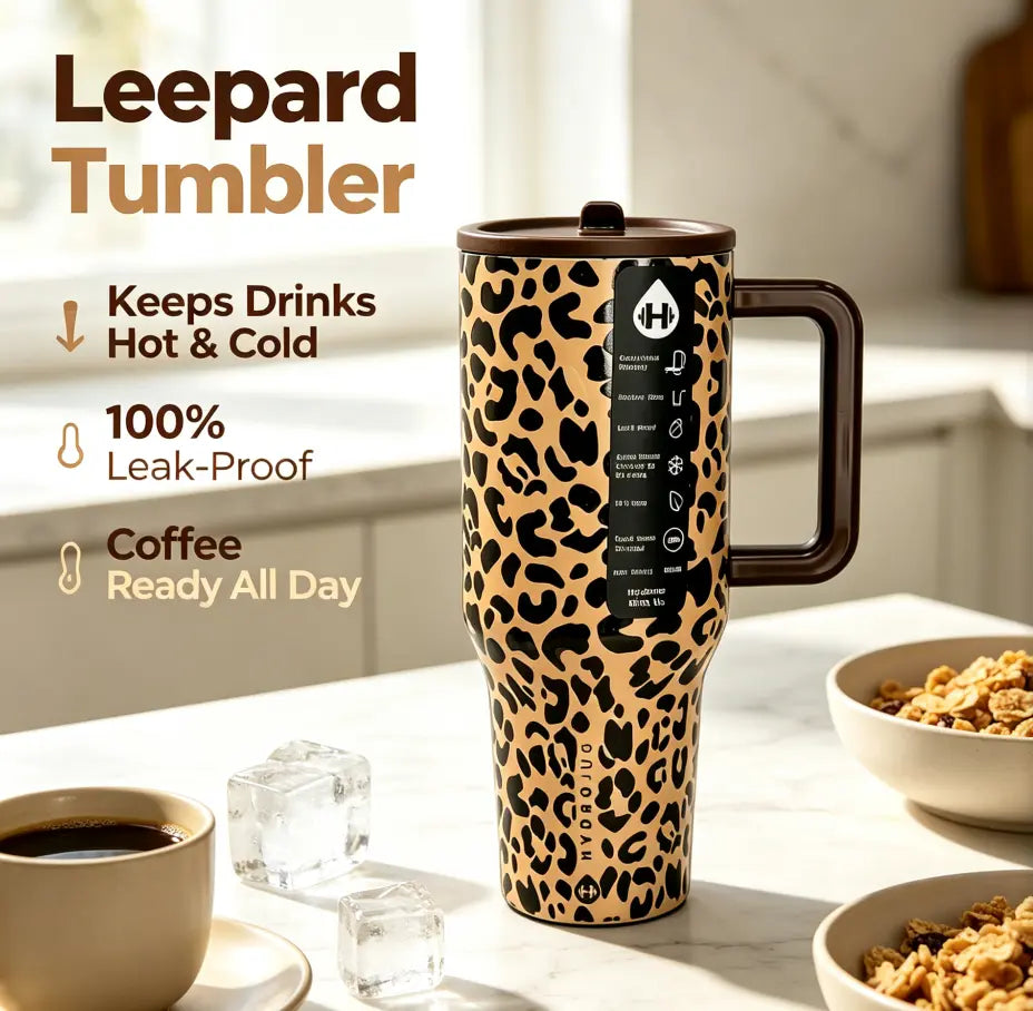 Hydro Aesthetic 40Oz Vacuum Insulated Stainless Steel Tumbler - Double-Wall Leopard Print Travel Mug with Straw, Handle, Flip Lid - Leak-Proof, Cup Holder-Fit, Stylish Durable Water Bottle for On-The-Go Use, Water Bottles