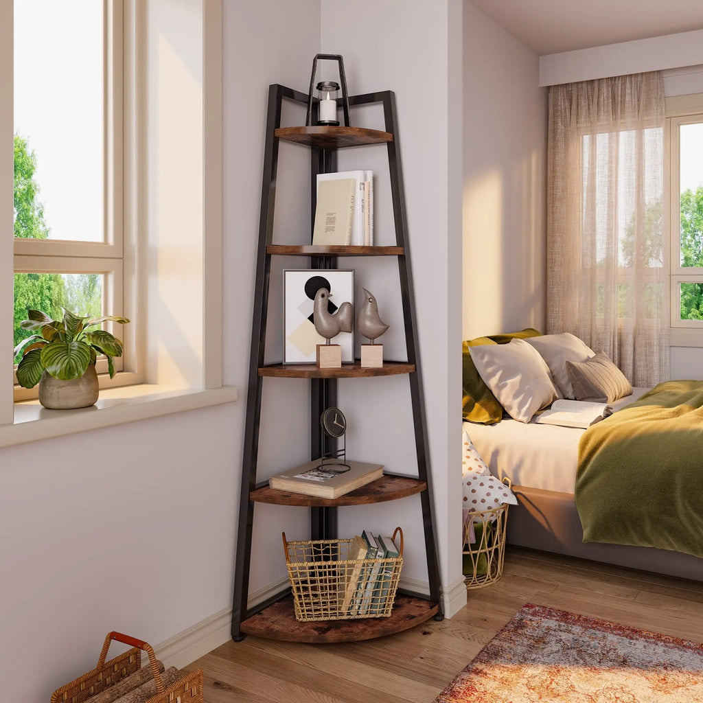 Spaco 70-In Tall 5-Tier Rustic Industrial Corner Bookshelf Rack - Single Unit Space Saving Furniture with Rounded Edges, 25Kg+ Capacity, Multi-Purpose Organizer for Living Room, Home Office, Balcony (Plant Stand, Collectibles Display)