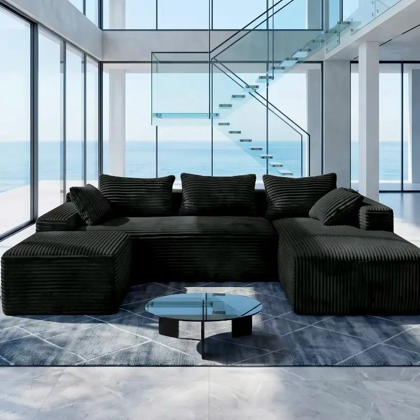 Luxury Black Corduroy Modular Sectional Sofa, U-Shaped Cloud Couch with Deep Seat, Modern Large Living Room Sofa Set, Oversized Comfy Lounge Couch with Removable Cushions, Contemporary Velvet Fabric Furniture for Apartment, Villa and Home Decor