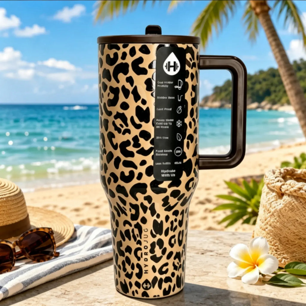 Hydro Aesthetic 40Oz Vacuum Insulated Stainless Steel Tumbler - Double-Wall Leopard Print Travel Mug with Straw, Handle, Flip Lid - Leak-Proof, Cup Holder-Fit, Stylish Durable Water Bottle for On-The-Go Use, Water Bottles