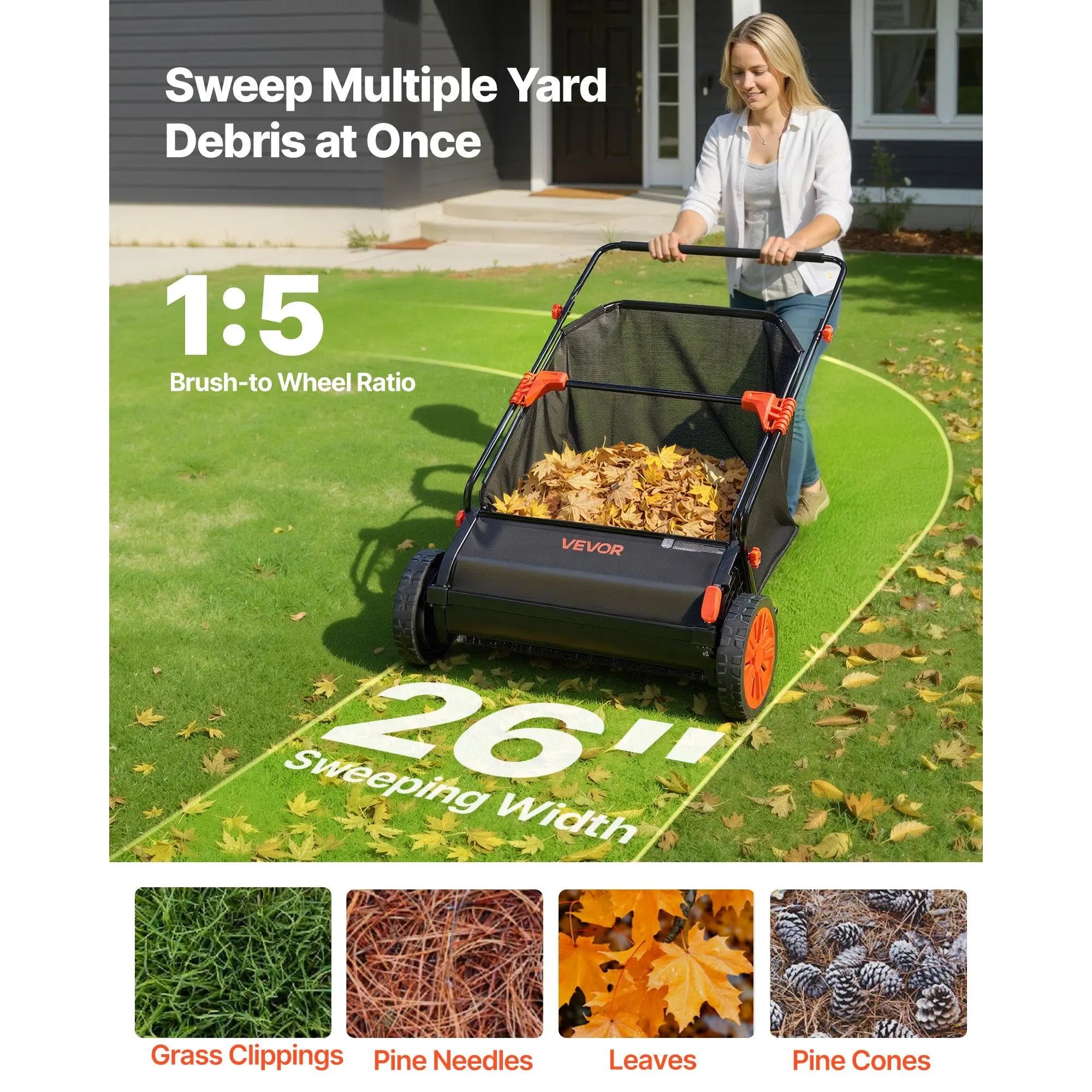 VEVOR Manual Push Lawn Sweeper with Spinning Brushes, 26-In Leaves Grass Cleanup Tool, 7 Cu Ft Hopper Capacity, Adjustable Height, 1:5 Brush Wheel Ratio, Heavy-Duty Iron Frame, 10-In Rubber Wheels, 31.5X50X16.9 In, 27.6 Lbs