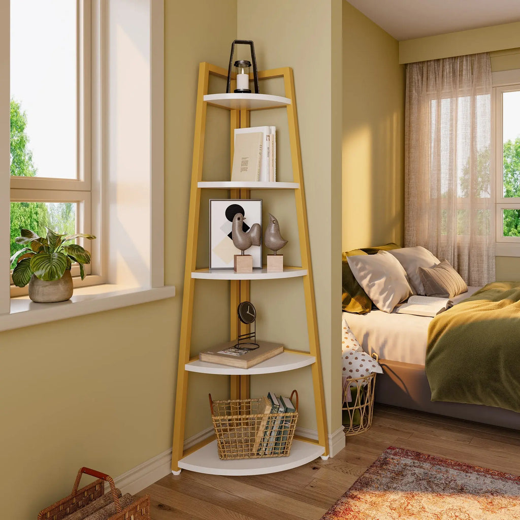 Spaco 70-In Tall 5-Tier Rustic Industrial Corner Bookshelf Rack - Single Unit Space Saving Furniture with Rounded Edges, 25Kg+ Capacity, Multi-Purpose Organizer for Living Room, Home Office, Balcony (Plant Stand, Collectibles Display)