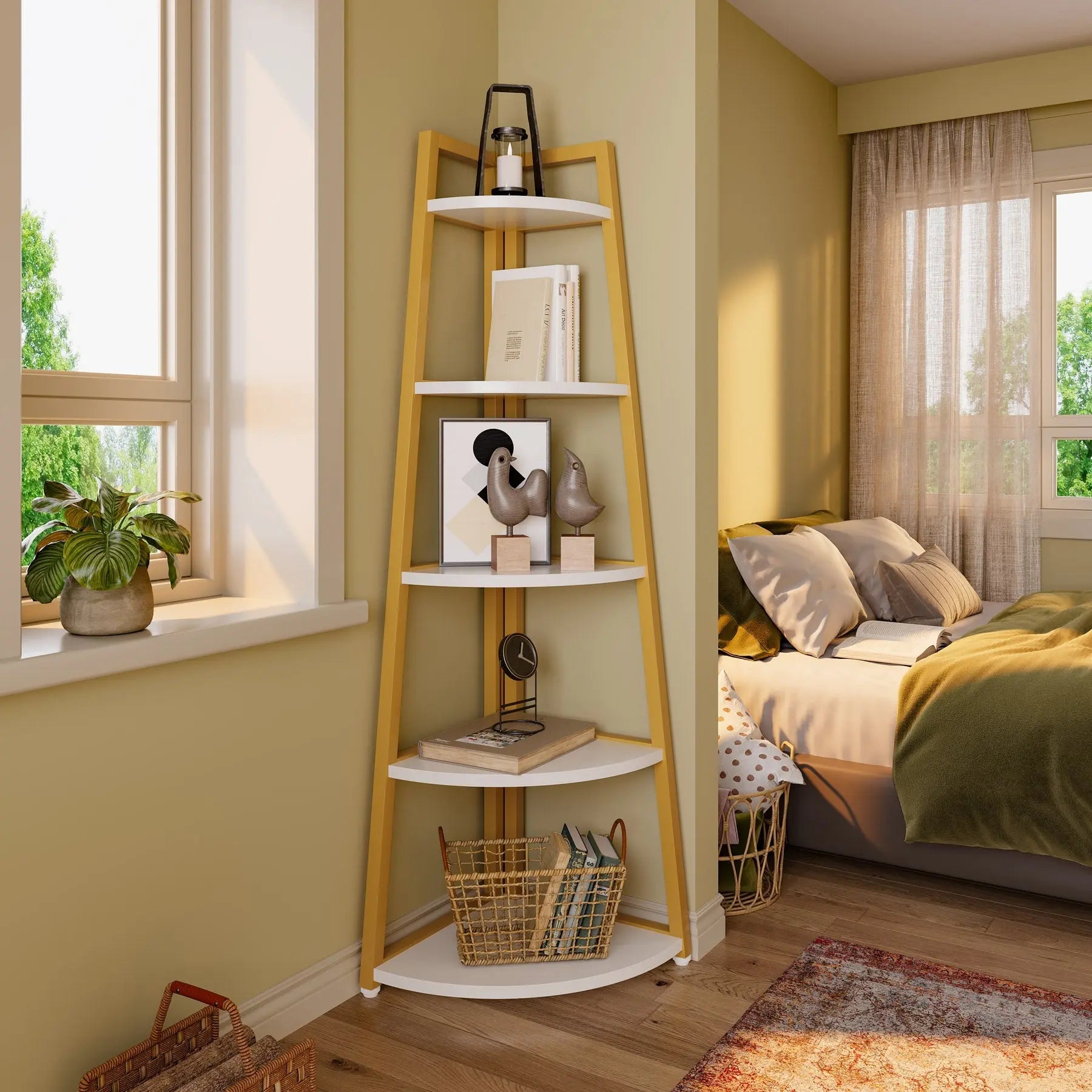 Spaco 70-In Tall 5-Tier Rustic Industrial Corner Bookshelf Rack - Single Unit Space Saving Furniture with Rounded Edges, 25Kg+ Capacity, Multi-Purpose Organizer for Living Room, Home Office, Balcony (Plant Stand, Collectibles Display)