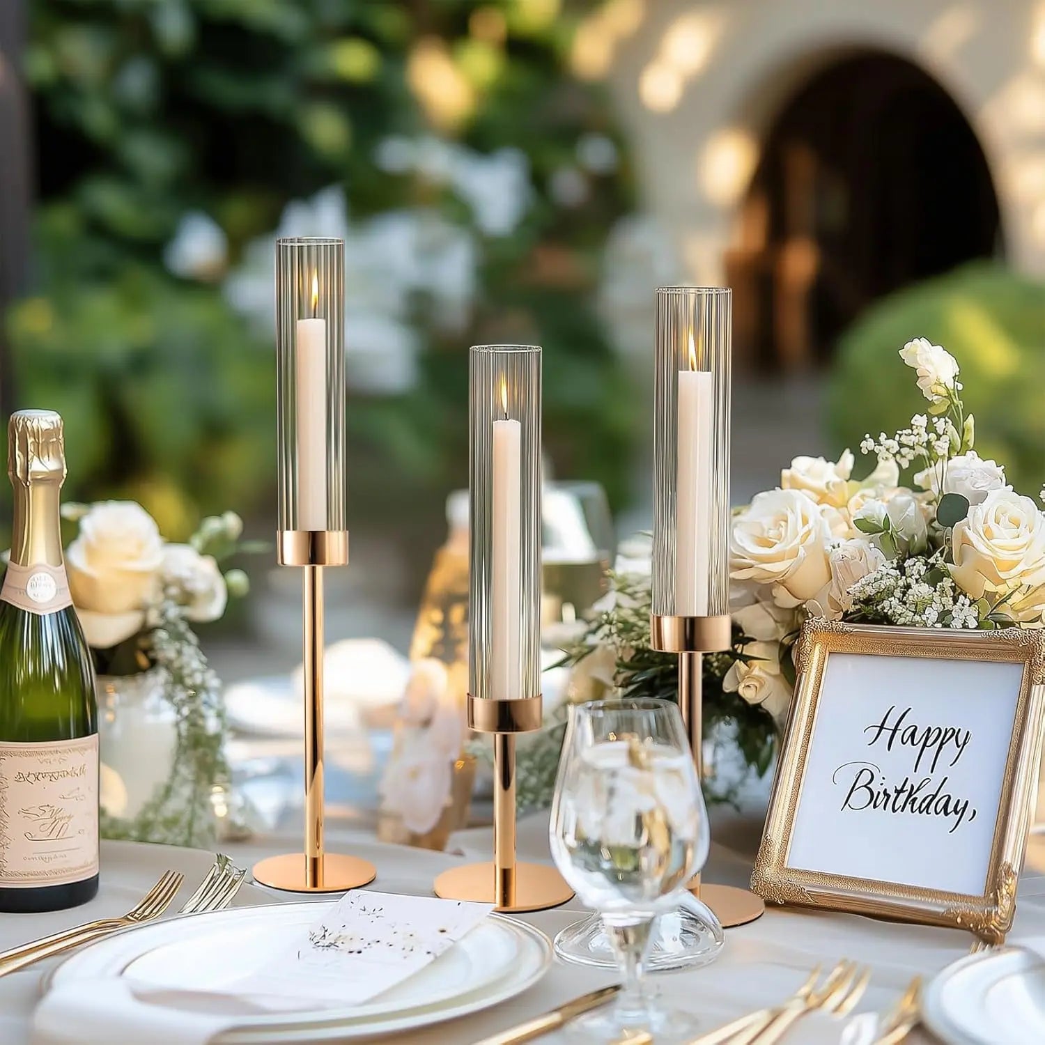 Hurricane Candle Holders, Set of 6 Glass Taper Candlestick Holders Metal Candle Stands Bulk with Ribbed Glass Cover for Dining Tables Wedding Candelabra Centerpieces Decor