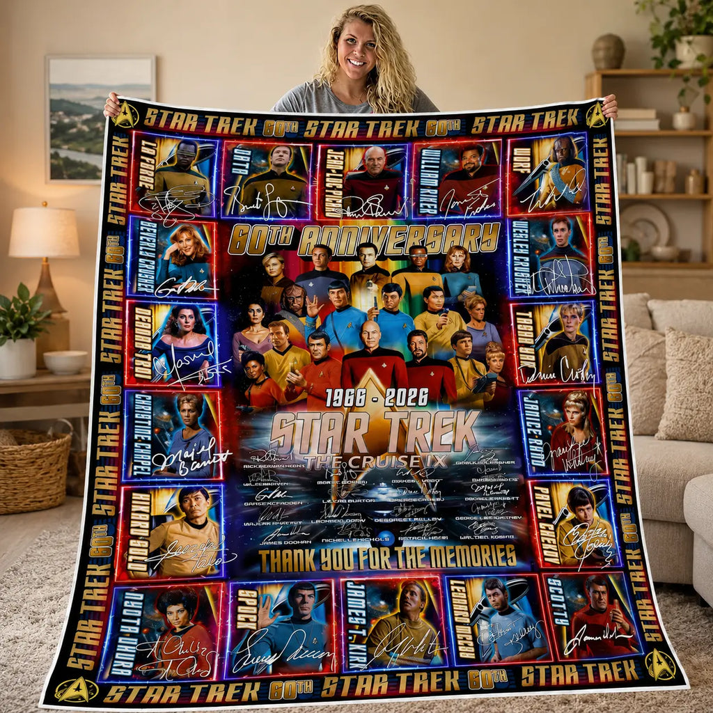 Star Trek 60Th Anniversary Flannel Blanket, 1966-2026 Sci Fi TV Series Fan Collage Throw Blanket, Space Adventure Soft Cozy Blanket for Couch Bed Sofa Movie Room Decor Gift