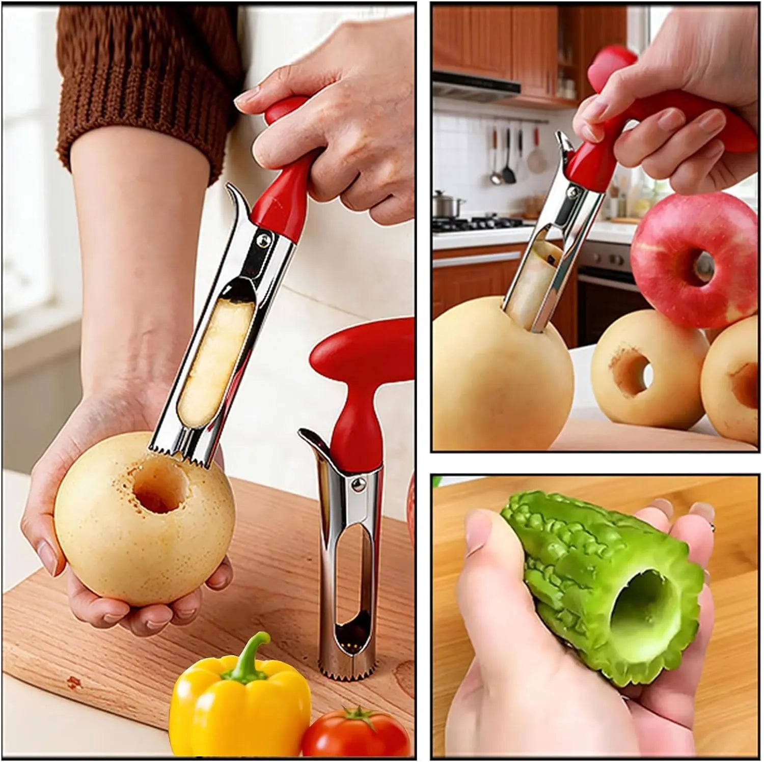 2Pcs Stainless Steel Fruit Corer - Kitchen Utensils Gadget with Jagged Tip, Easy-Twist Daily Use Seeder for Apples Pears, Fruit & Vegetable Core Remover Tool