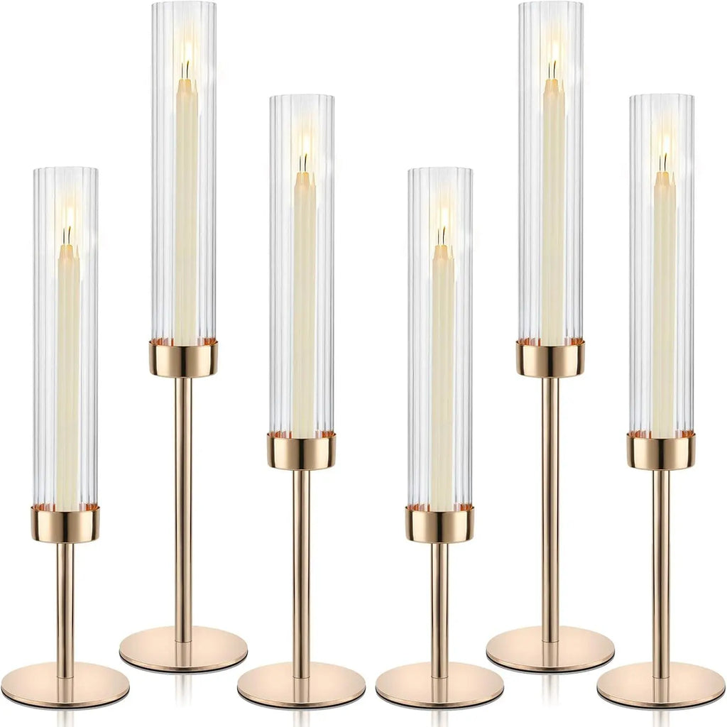 Hurricane Candle Holders, Set of 6 Glass Taper Candlestick Holders Metal Candle Stands Bulk with Ribbed Glass Cover for Dining Tables Wedding Candelabra Centerpieces Decor