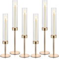 Hurricane Candle Holders, Set of 6 Glass Taper Candlestick Holders Metal Candle Stands Bulk with Ribbed Glass Cover for Dining Tables Wedding Candelabra Centerpieces Decor