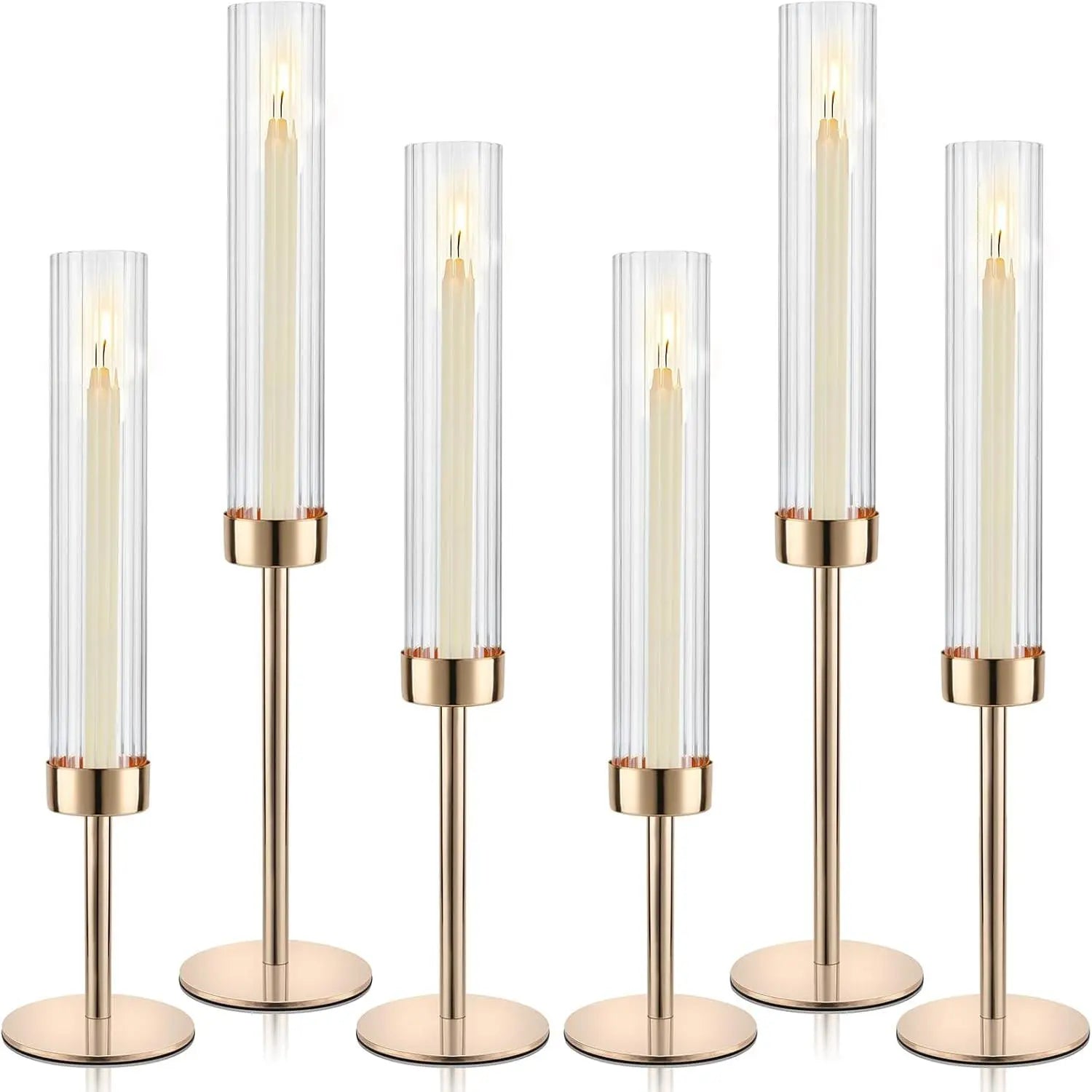 Hurricane Candle Holders, Set of 6 Glass Taper Candlestick Holders Metal Candle Stands Bulk with Ribbed Glass Cover for Dining Tables Wedding Candelabra Centerpieces Decor