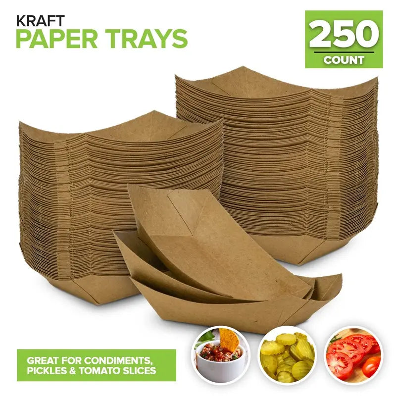 Stock Your Home [250 Pack] Mini Disposable Brown Kraft Paper Food Trays, 0.25-Lb Concession Tray, Serving Boats for Party Snacks, Taco Bar, Seafood, Nachos Plates, Quarter-Pound