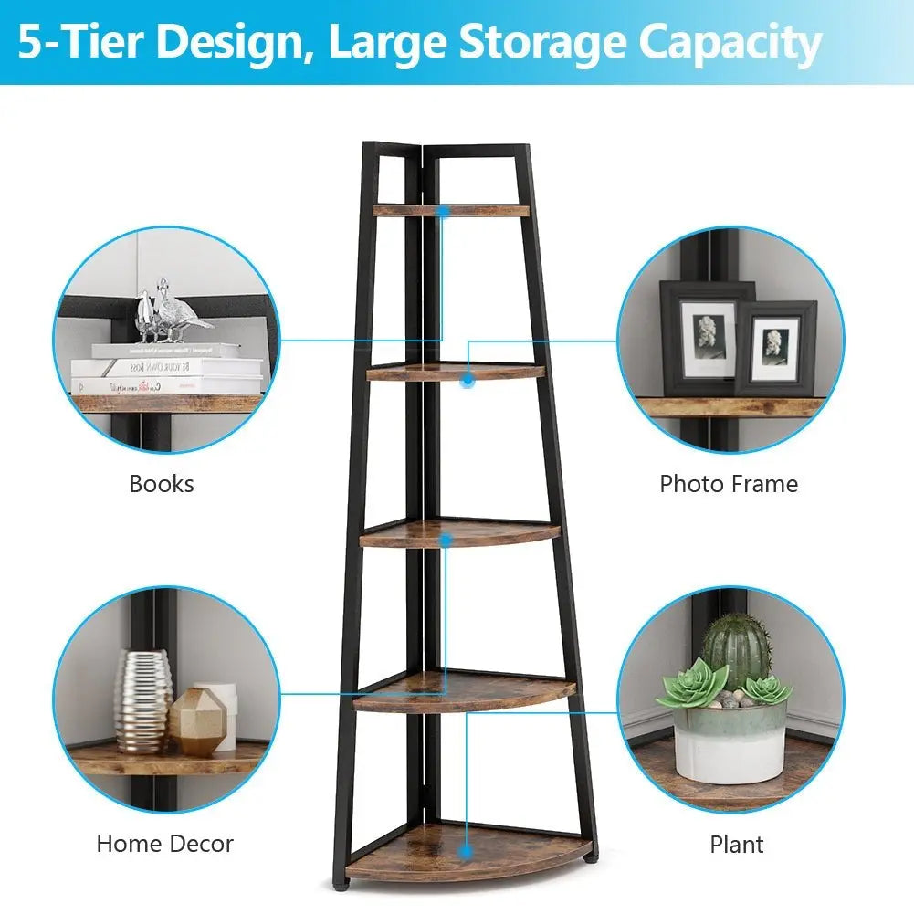 Spaco 70-In Tall 5-Tier Rustic Industrial Corner Bookshelf Rack - Single Unit Space Saving Furniture with Rounded Edges, 25Kg+ Capacity, Multi-Purpose Organizer for Living Room, Home Office, Balcony (Plant Stand, Collectibles Display)