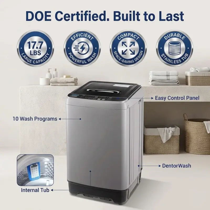 17.7 Lbs Portable Washing Machine Full Automatic, Compact Top Load Washer for Apartment Dorm RV, Small Laundry Machine with Drain Pump & 10 Wash Programs, Quiet Space Saving Fully Automatic Washer, LED Display Perfect for Small Space Home Use