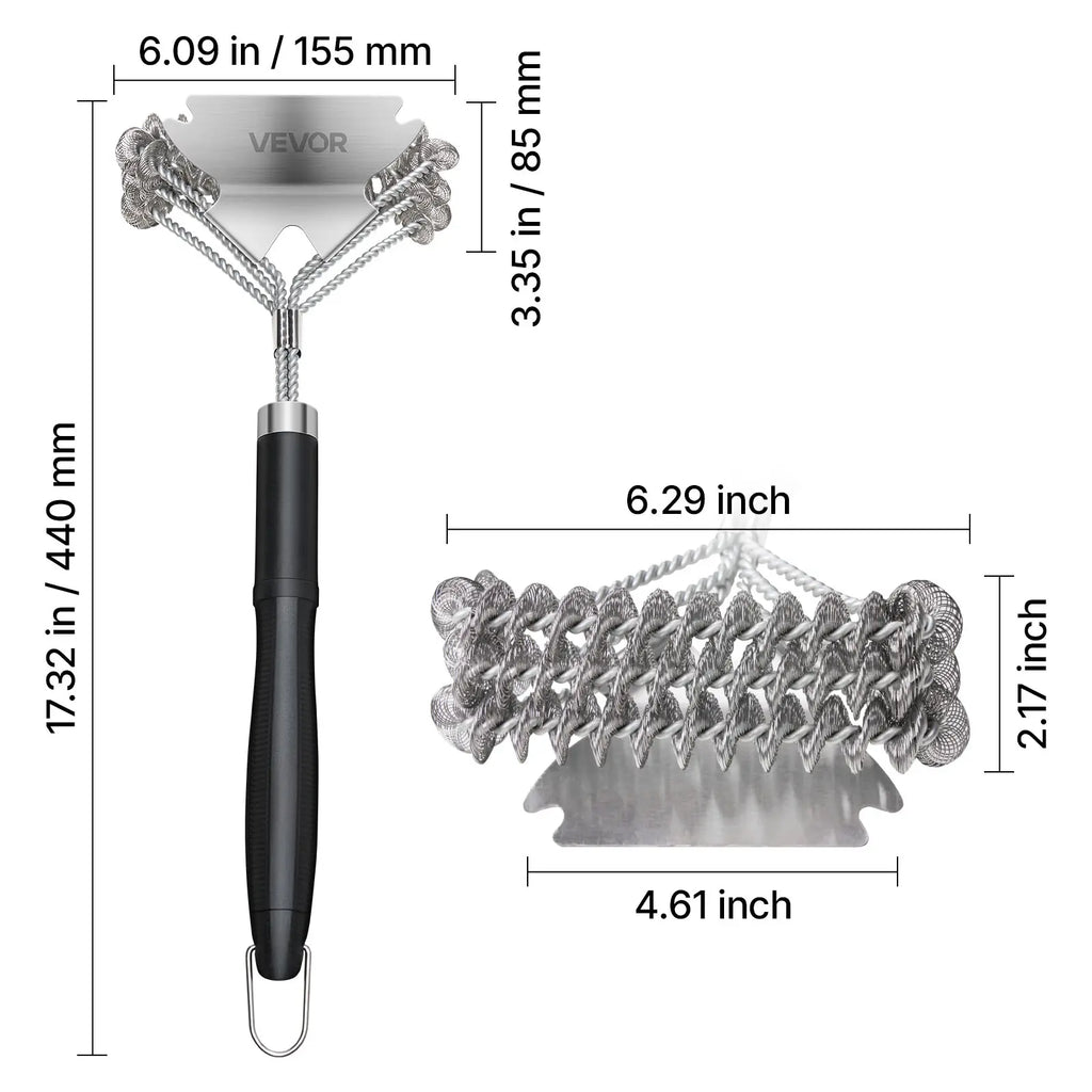 VEVOR Grill Brush and Scraper, BBQ Brush for Outdoor Grills, Stainless Steel Woven Wire, Bristle Free Barbecue Brushes for Porcelain, Charcoal, Grate Cleaner Grill Accessories, 17 In