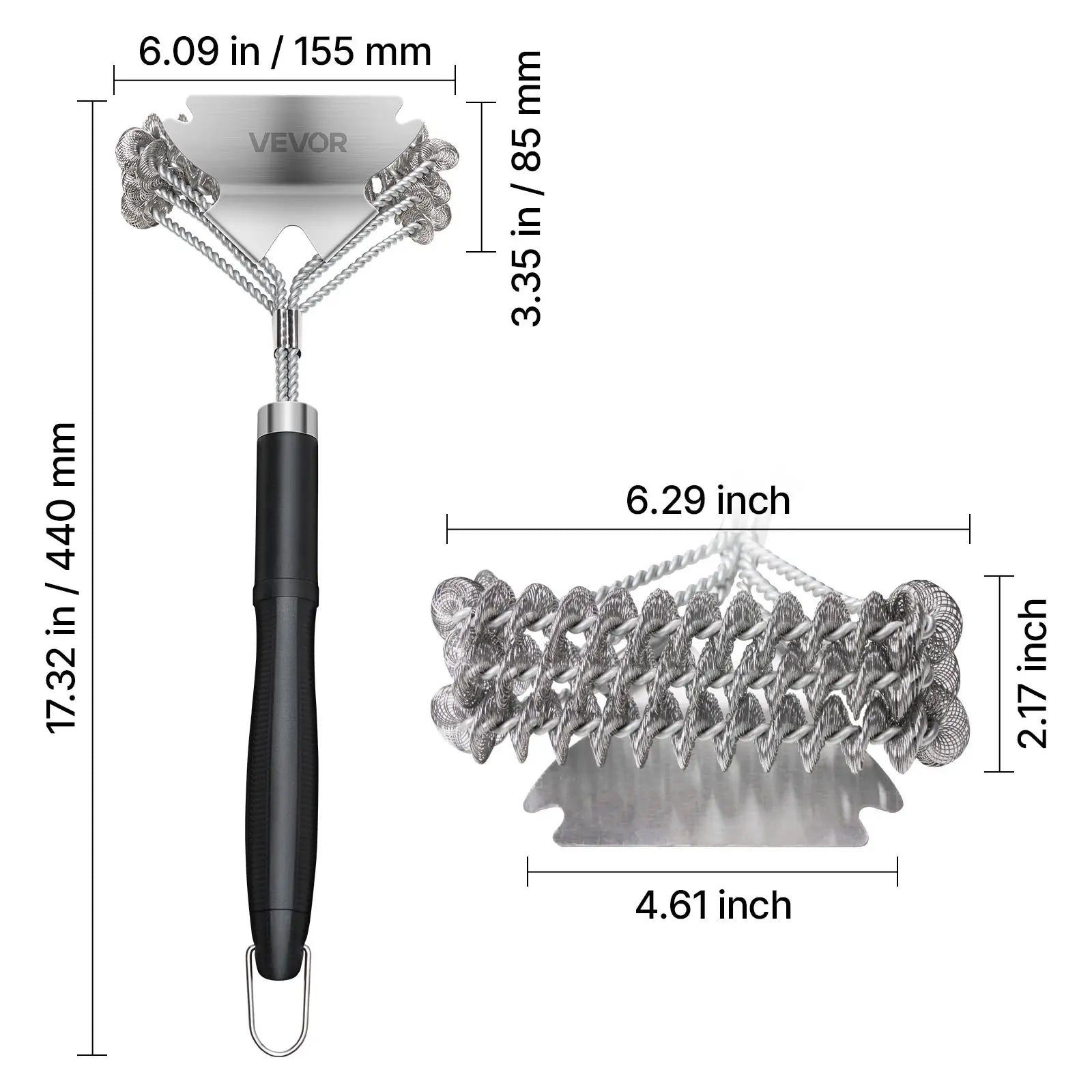 VEVOR Grill Brush and Scraper, BBQ Brush for Outdoor Grills, Stainless Steel Woven Wire, Bristle Free Barbecue Brushes for Porcelain, Charcoal, Grate Cleaner Grill Accessories, 17 In