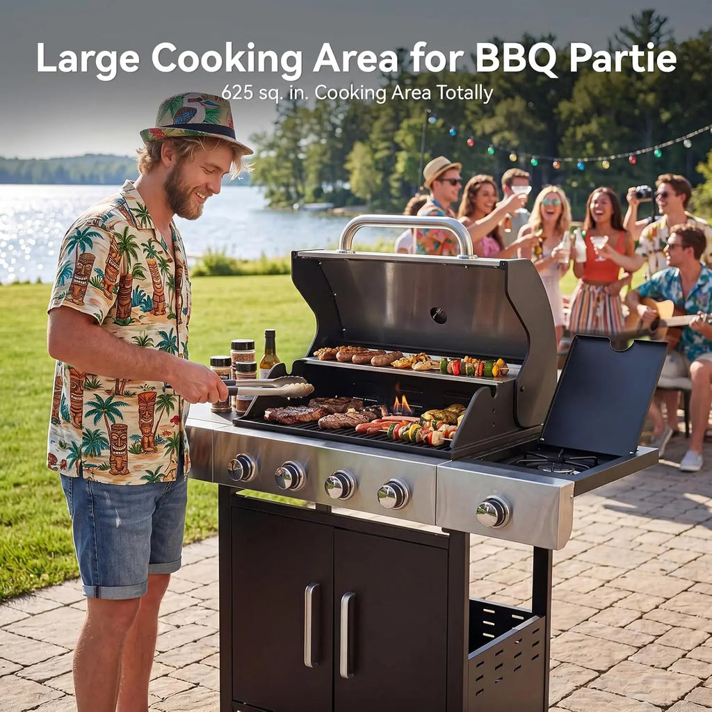 Aoxun 4-Burner 49000 BTU Propane Grill with Side Burner, Black & Silvery | Stainless Steel Gas Grill, Heavy-Duty Cooking Grates & Side Tables for Backyard Patio Camping