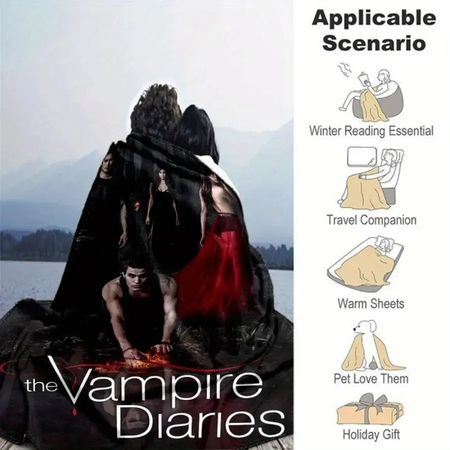 Vampire Series Flannel Throw Blanket - Soft Warm Flannel Fabric, Cartoon Art TVD Retro Character Illustration, Gothic Look Room Decor for Living Room Sofa, Unique Birthday Gift for Fans