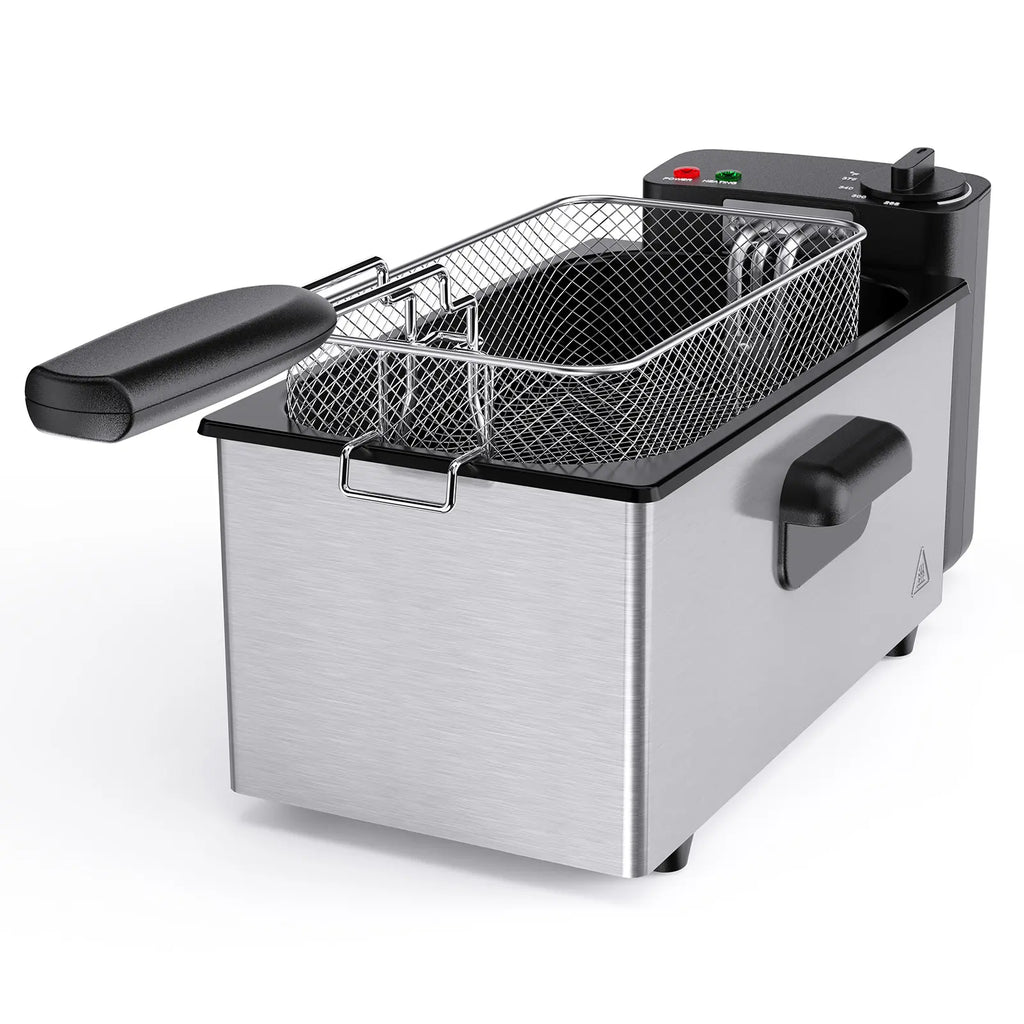 Sweetcrispy 3/5L Professional Electric Deep Fryer (Kitchen Appliances) - 3 Baskets, 1800W Fast Heating 304 Stainless Steel, Viewing Lid, Adjustable Temp, Versatile Heat Settings, Simple Use & Cleaning, 265°F-375°F for French Fries, Chicken, Temperature Co