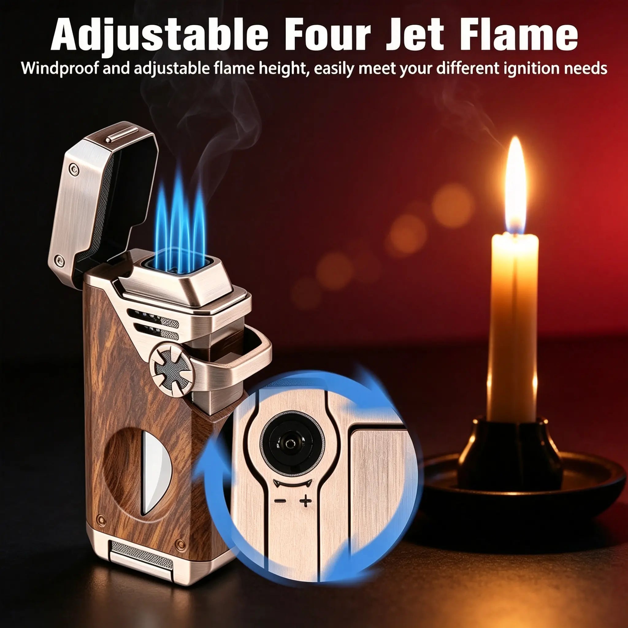 (Gas Not Included) 5-In-1 Quad Flame Butane Lighter, Windproof Refillable Lighter with Adjustable Flame, EDC Tool for Outdoor & Daily Use, Great Gift for Men, Dad, Boyfriend, Business, Gift Box Included