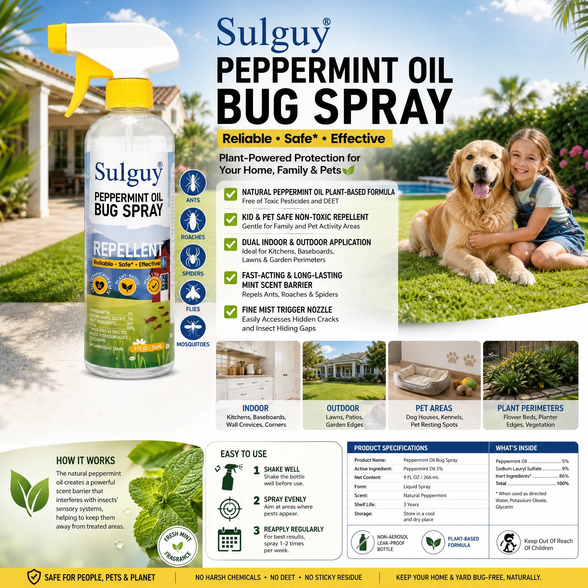 Sulguy Peppermint Spray (9Oz) - Kid-Safe Natural Residential Pest , Weekly Spray for Ants, , Spiders, Pet-Safe Home Care Supply with Oil Scent, 266Ml Bug