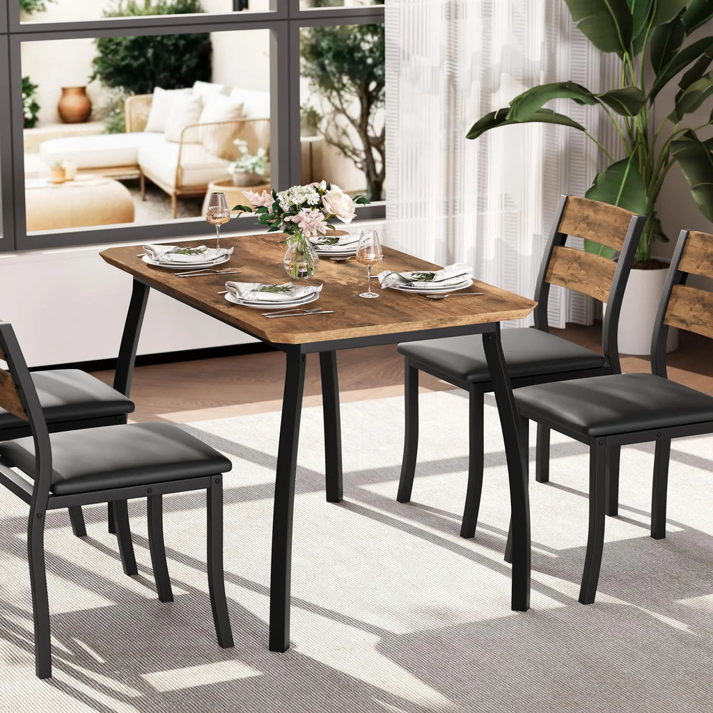 Garvee 5 Piece Farmhouse Dining Table Set for 4, Industrial Kitchen Table with Padded Chairs & Iron Frame, Space-Saving Dining Room Furniture Set for Small Spaces, Apartments, Brown