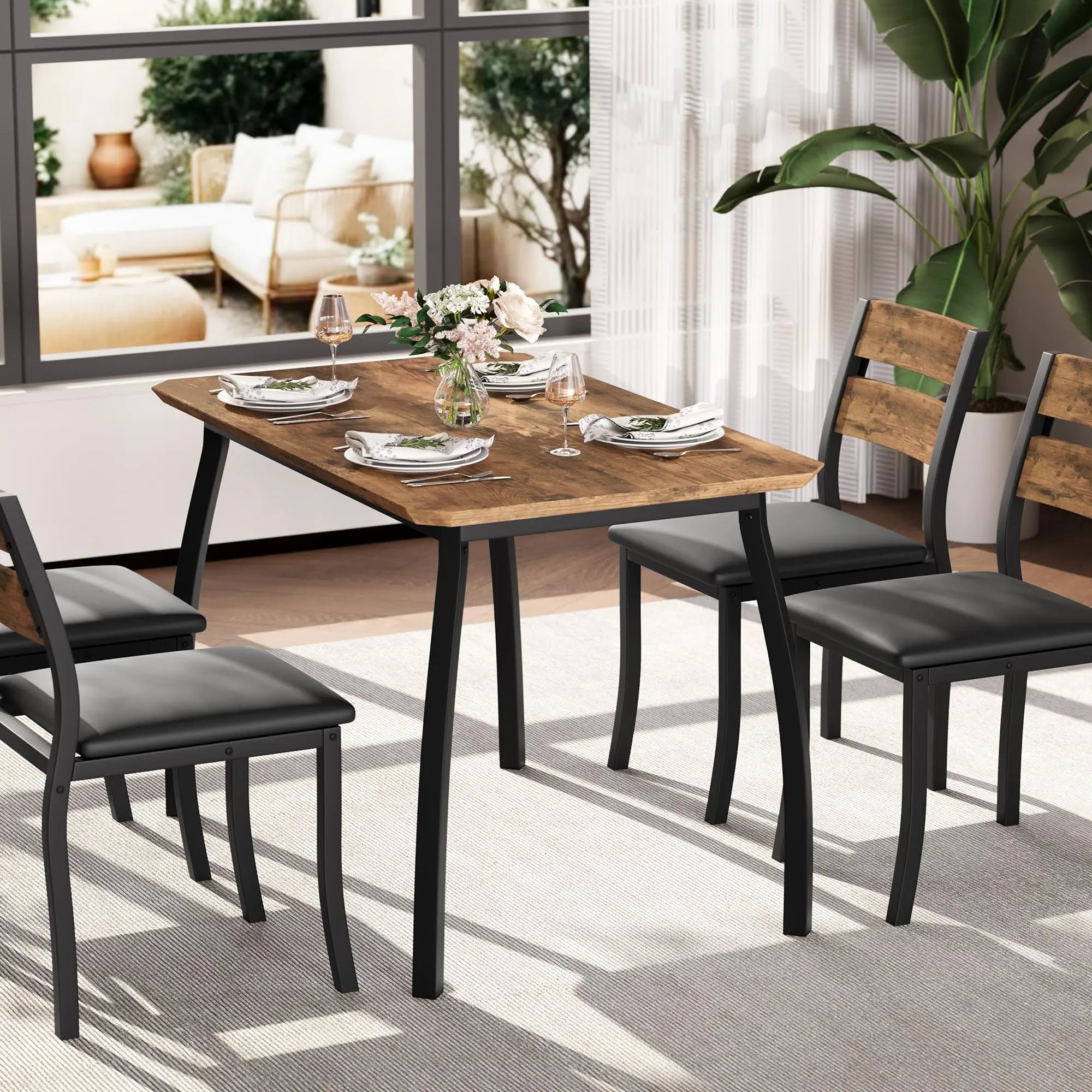 Garvee 5 Piece Farmhouse Dining Table Set for 4, Industrial Kitchen Table with Padded Chairs & Iron Frame, Space-Saving Dining Room Furniture Set for Small Spaces, Apartments, Brown