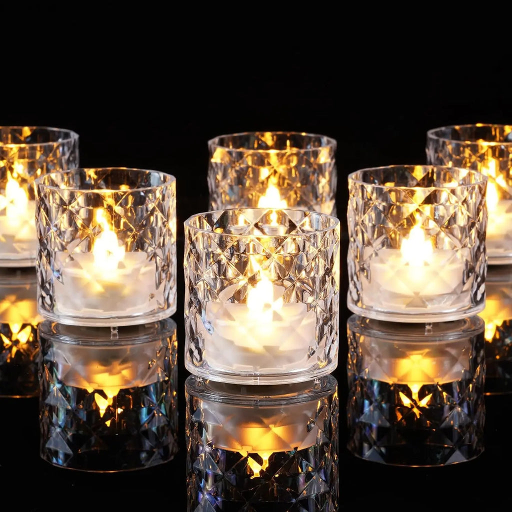12PCS 2X2 in Acrylic Votive Candle Holders with Auto Timer Flameless LED Tealights, Battery-Powered, for Wedding Centerpieces, Christmas Decor, Mother’S Day Gifts