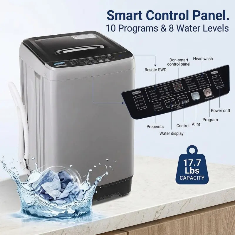 17.7 Lbs Portable Washing Machine Full Automatic, Compact Top Load Washer for Apartment Dorm RV, Small Laundry Machine with Drain Pump & 10 Wash Programs, Quiet Space Saving Fully Automatic Washer, LED Display Perfect for Small Space Home Use