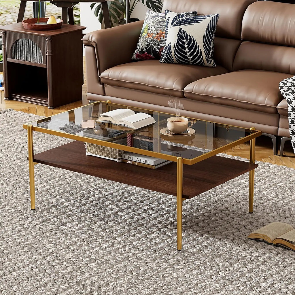 Modern Glass Coffee Table 38.39"L ×24.21"W ×17.72"H, Rectangular Tea Table with Metal Frame & Open Storage Shelf, Home Furniture for Living Room Apartment