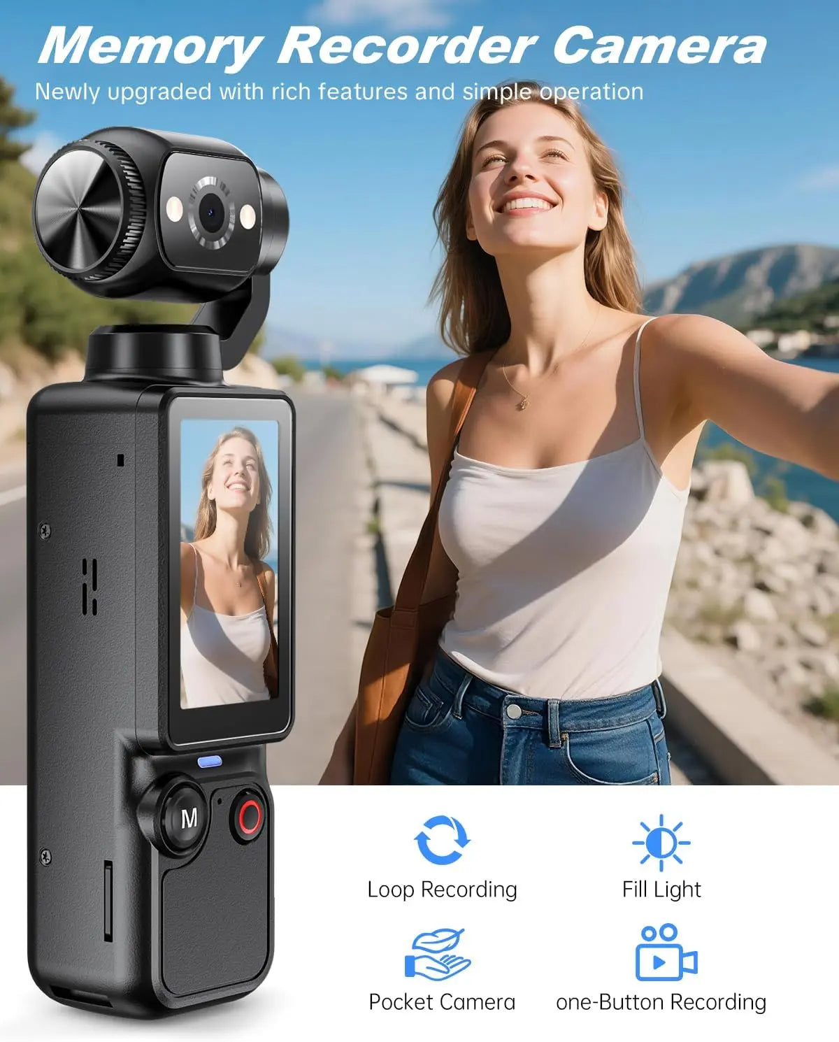 W&O Q7 Portable Vlogging Camera with 180° Rotating Lens, Autofocus, 1.9" Screen, 32GB Memory Card and Mini Tripod, USB Rechargeable Handheld Camera for Travel, Selfies and Daily Recording,Back to School,Back to School Haul