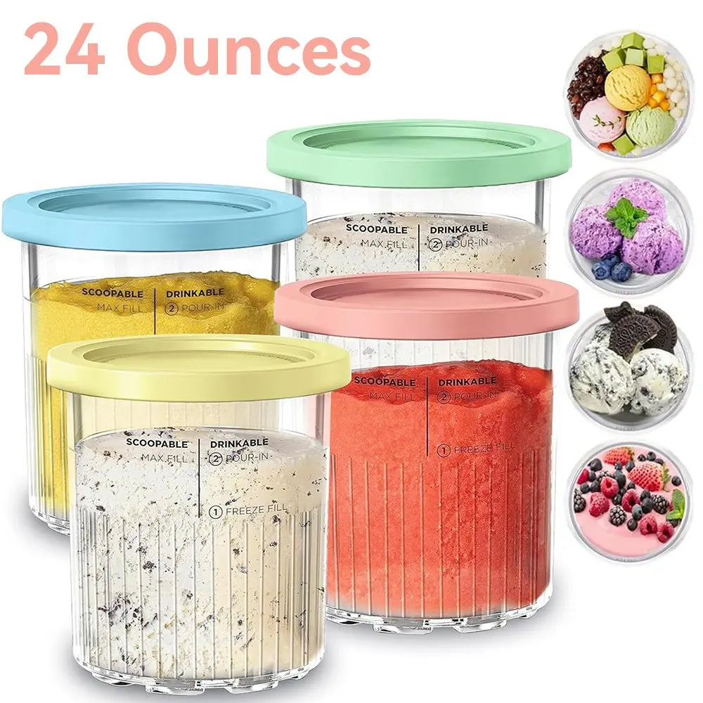 4-Pack Ice Cream Storage Containers with Lids, 24 Oz, Compatible with Ninja Creami NC501 & NC500, Smoothie Cups for Ice Cream Makers