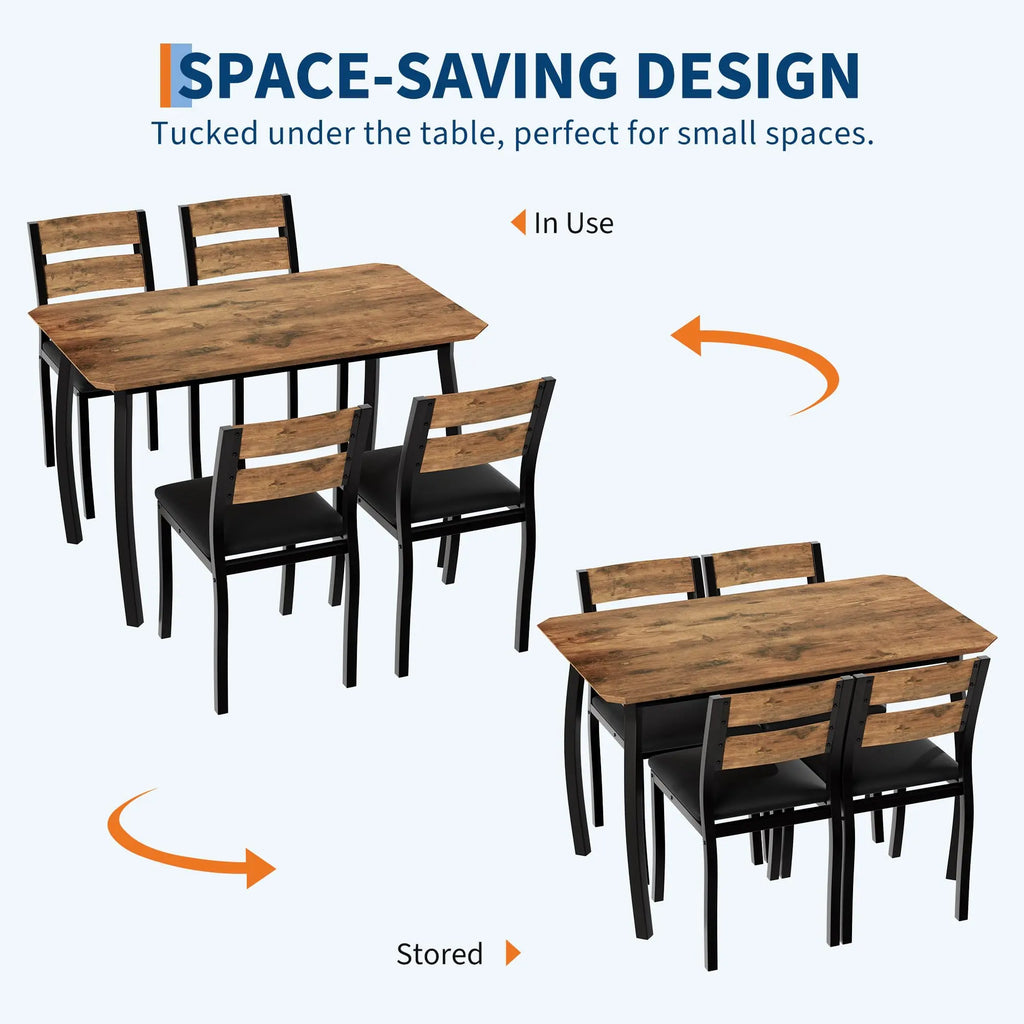 Garvee 5 Piece Farmhouse Dining Table Set for 4, Industrial Kitchen Table with Padded Chairs & Iron Frame, Space-Saving Dining Room Furniture Set for Small Spaces, Apartments, Brown