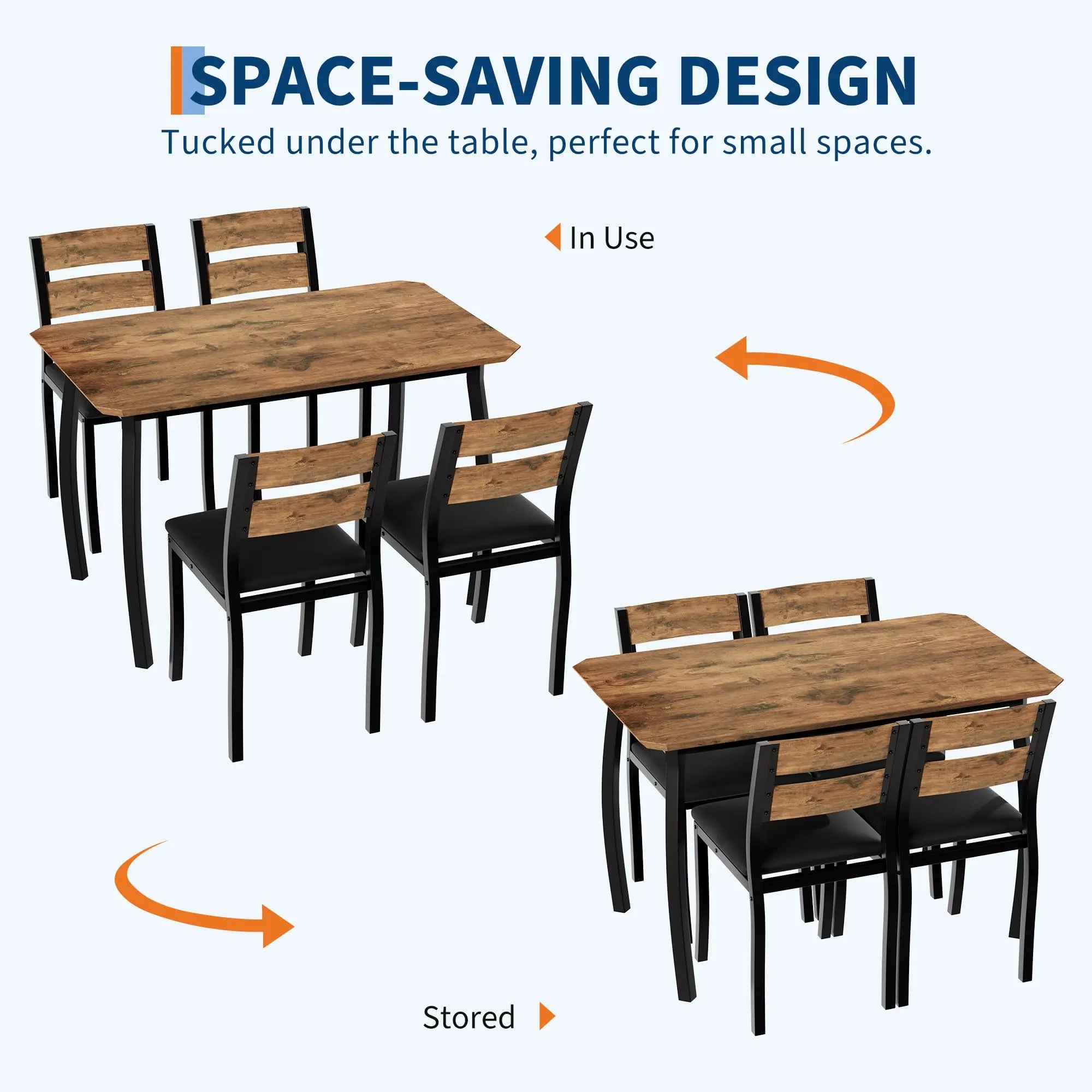 Garvee 5 Piece Farmhouse Dining Table Set for 4, Industrial Kitchen Table with Padded Chairs & Iron Frame, Space-Saving Dining Room Furniture Set for Small Spaces, Apartments, Brown