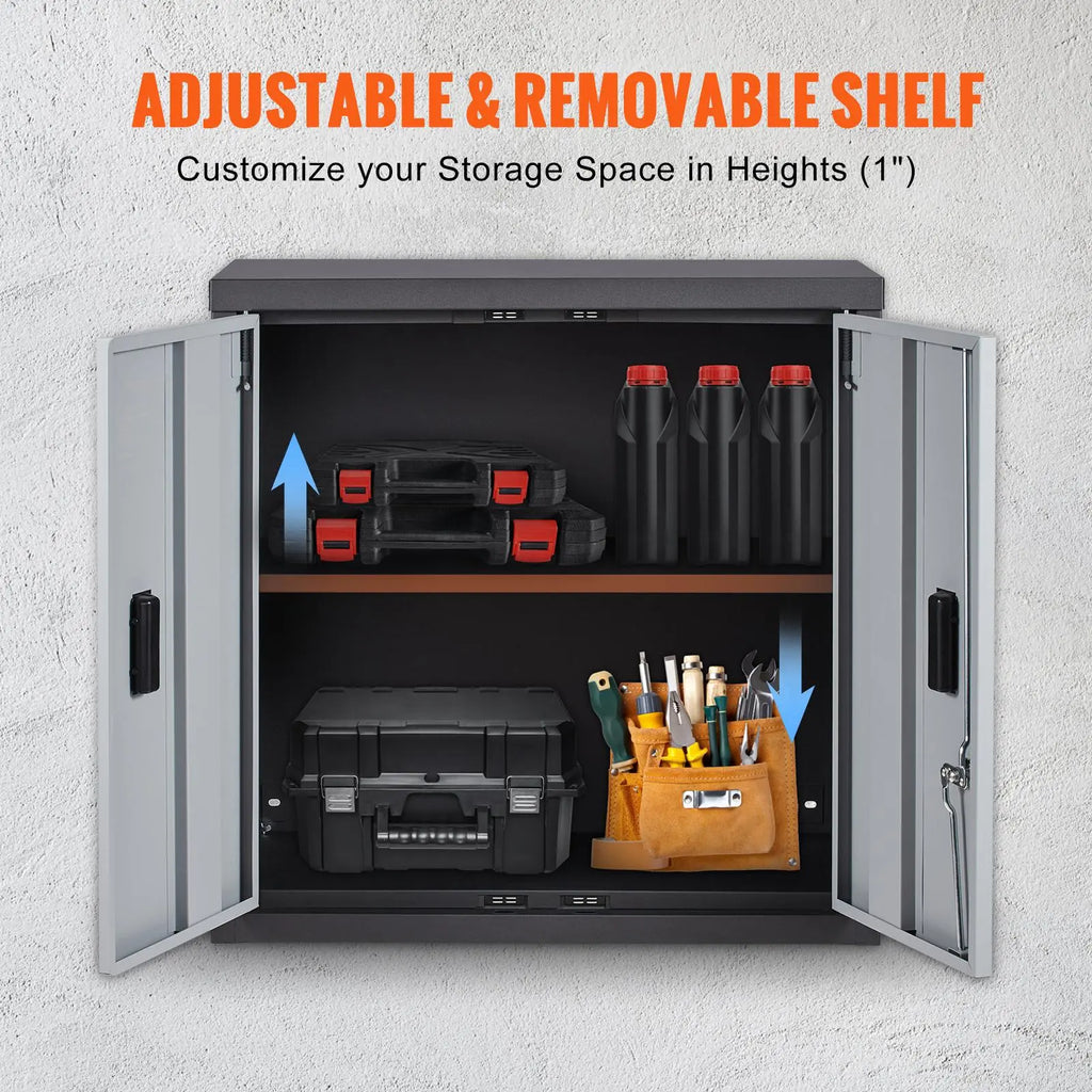 【Back to School】Vevor Foldable Wall-Mount Metal Garage Cabinet Furniture, 26" Heavy-Duty Tool Chest with 240 LBS Capacity, Adjustable Shelf, Magnetic Doors, Steel Board, Pre-Drilled Holes Simplify Wiring - Ideal for Garage, Home Use