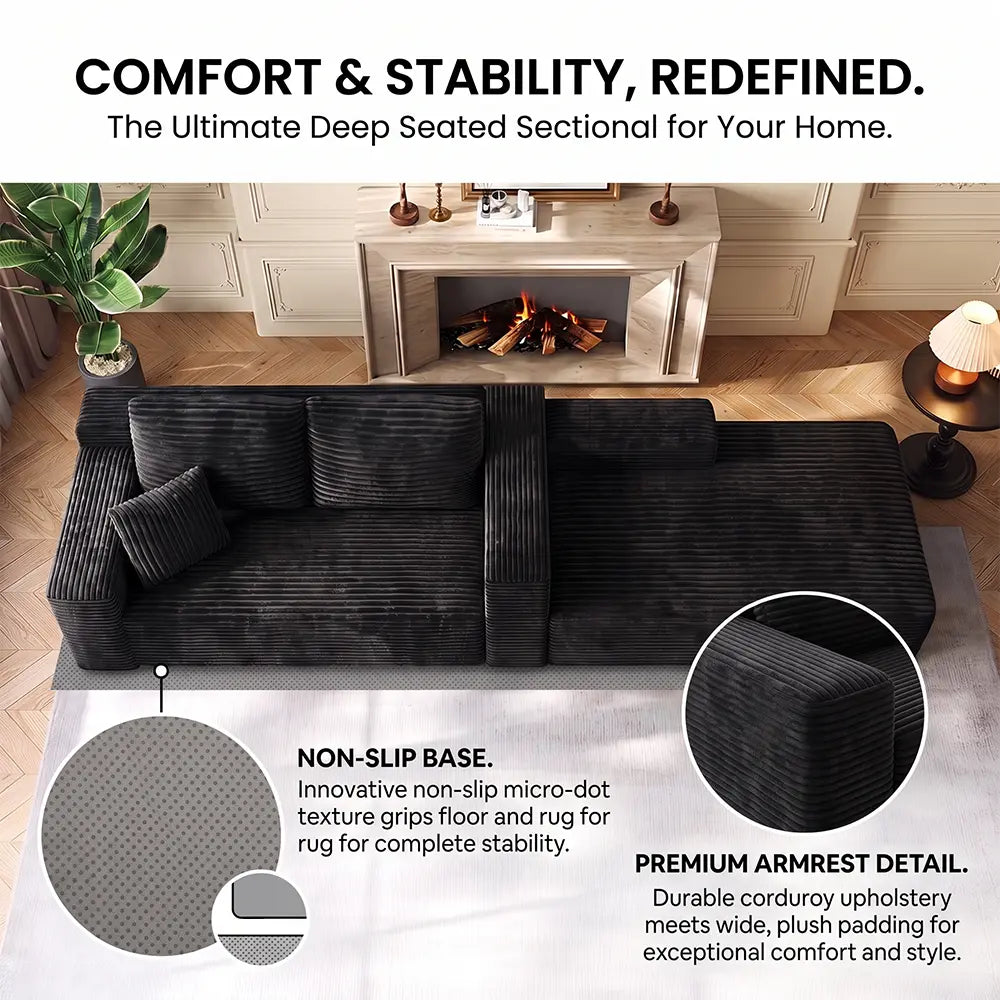 96-Inch L-Shaped Modular Corduroy Sofa with Chaise, Moderate Deep Seat, Vacuum-Packed, No-Assembly Indoor Furniture for Apartments & Condos