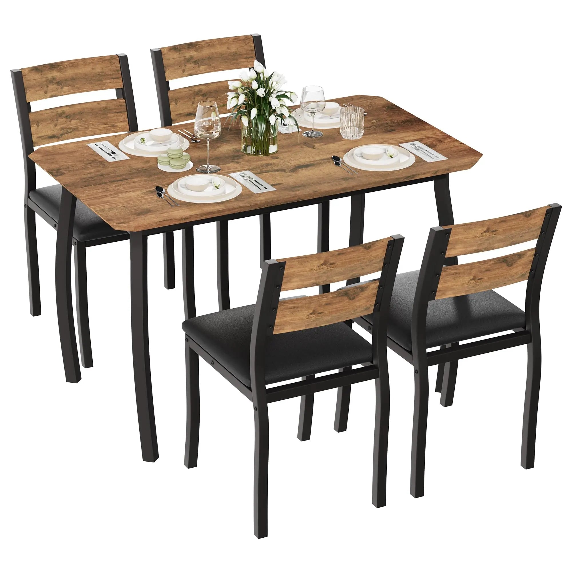 Garvee 5 Piece Farmhouse Dining Table Set for 4, Industrial Kitchen Table with Padded Chairs & Iron Frame, Space-Saving Dining Room Furniture Set for Small Spaces, Apartments, Brown