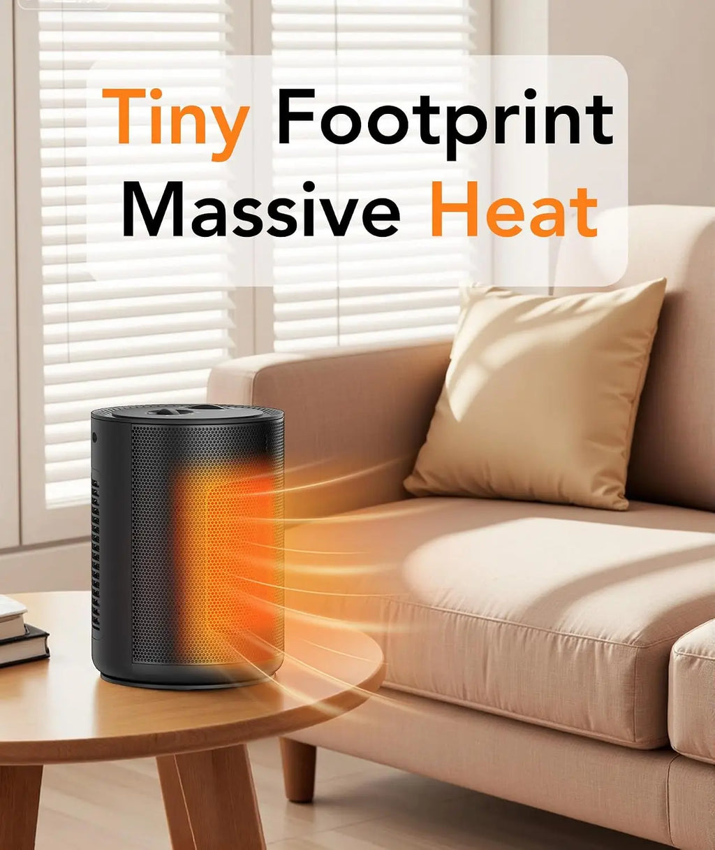 Portable Table Heater for Indoor Use, 1500W Space Heater with Adjustable Thermostat, 2 Heat Settings, Fan Mode, Tip-Over & Overheat Protection