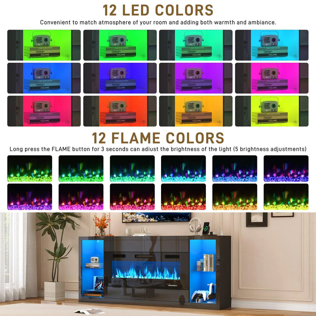 82.7'' Fireplace TV Stand for 90/95''TV with 50'' Fireplace, LED Modern High Gloss Entertainment Center with Power Outlet, 4 Drawers, Adjustable Shelf, 2-Tier TV Console Cabinet, Black/White