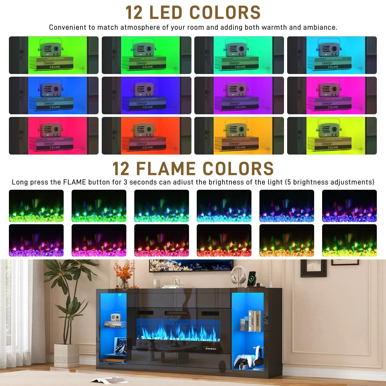 82.7'' Fireplace TV Stand for 90/95''TV with 50'' Fireplace, LED Modern High Gloss Entertainment Center with Power Outlet, 4 Drawers, Adjustable Shelf, 2-Tier TV Console Cabinet, Black/White