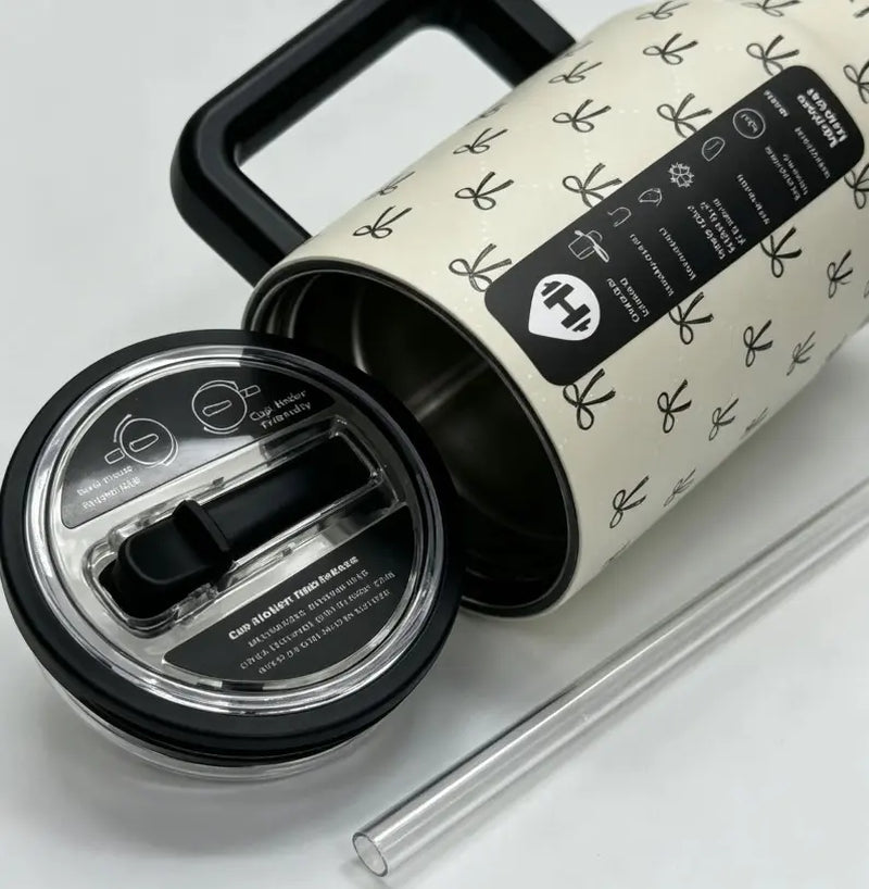 Hydrojug 40 Oz Elegant Mini Black Bow Print with Handle and Straw Tumbler Water Bottle Large Capacity Car Cup, 100% Leakproof Insulated Tumbler | Keeps Ice 24+ Hours | Easy-Clean Durable Travel Mug Cup Holder Friendly Base | Insulated Thermal Tumbler,