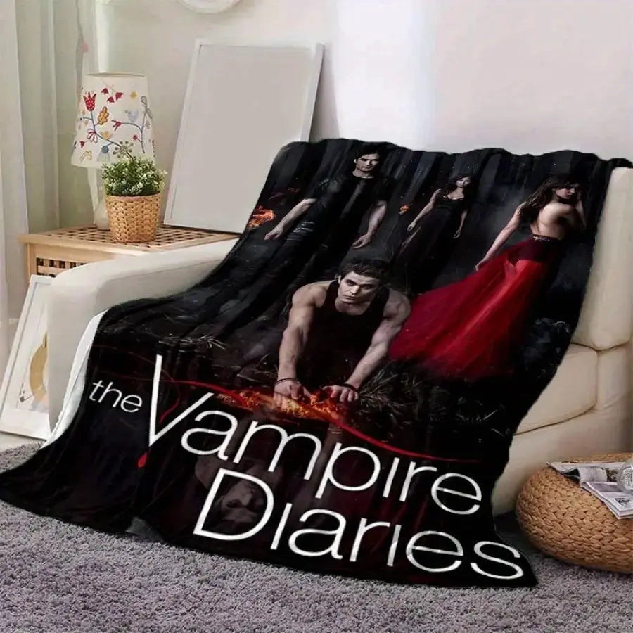 Vampire Series Flannel Throw Blanket - Soft Warm Flannel Fabric, Cartoon Art TVD Retro Character Illustration, Gothic Look Room Decor for Living Room Sofa, Unique Birthday Gift for Fans