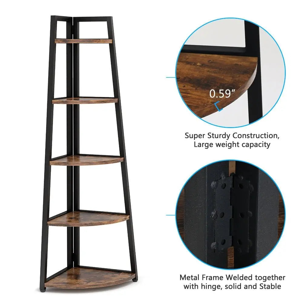 Spaco 70-In Tall 5-Tier Rustic Industrial Corner Bookshelf Rack - Single Unit Space Saving Furniture with Rounded Edges, 25Kg+ Capacity, Multi-Purpose Organizer for Living Room, Home Office, Balcony (Plant Stand, Collectibles Display)