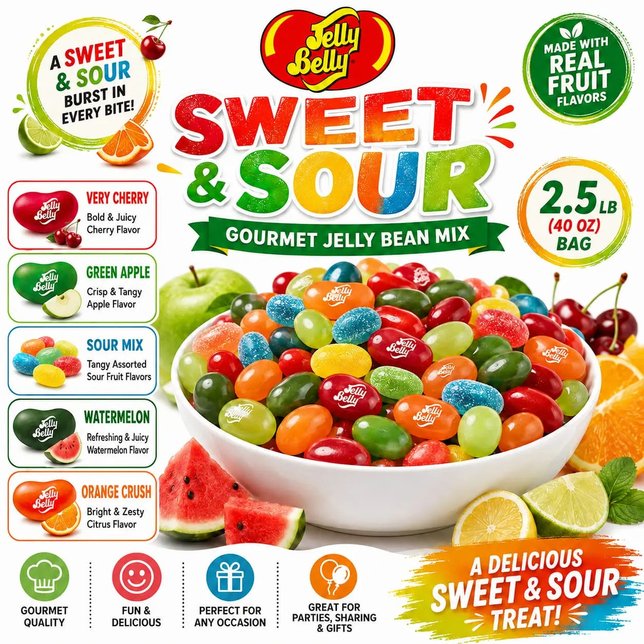 Jelly Belly Sweet & Sour Jelly Beans Snack, 2.5Lb Bulk Bag with Very Cherry, Green Apple, Sour Mix, Watermelon, Orange Crush Flavors, Premium Soft Chewy Tangy Assortment for Movie Night Parties, Candy Buffets
