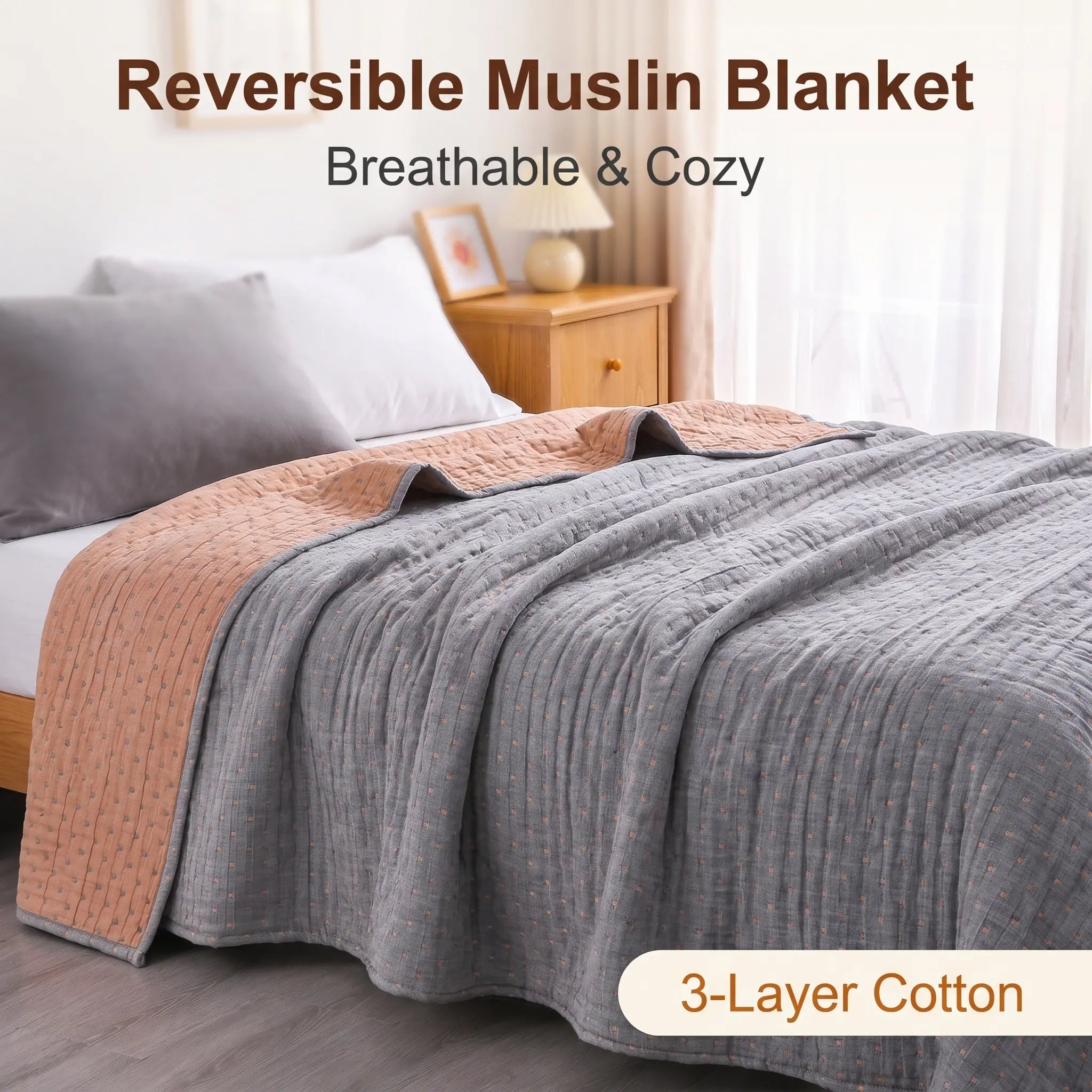 Bedsum 3-Layer Natural Cotton Muslin Jacquard Blanket - Cozy Aesthetic, Ultra Soft, Breathable, Reversible, Lightweight, Multi-Size for Adults, All-Season Warm Comfort, Bedroom Decor Throw