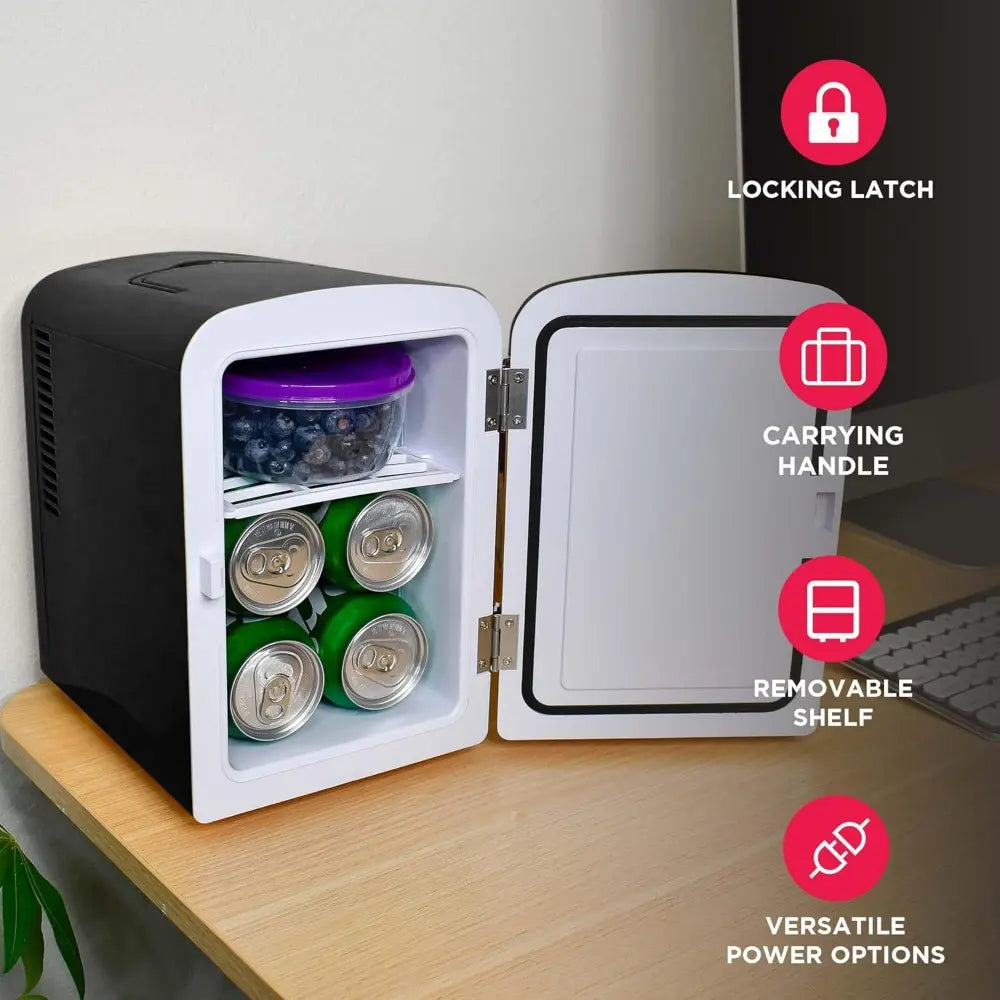 Mini Portable Compact Personal Home Office Fridge Cooler, BUILT in SPEAKER, 4L Capacity, Chills Six 12 Oz Cans, 100% Freon-Free & Eco Friendly